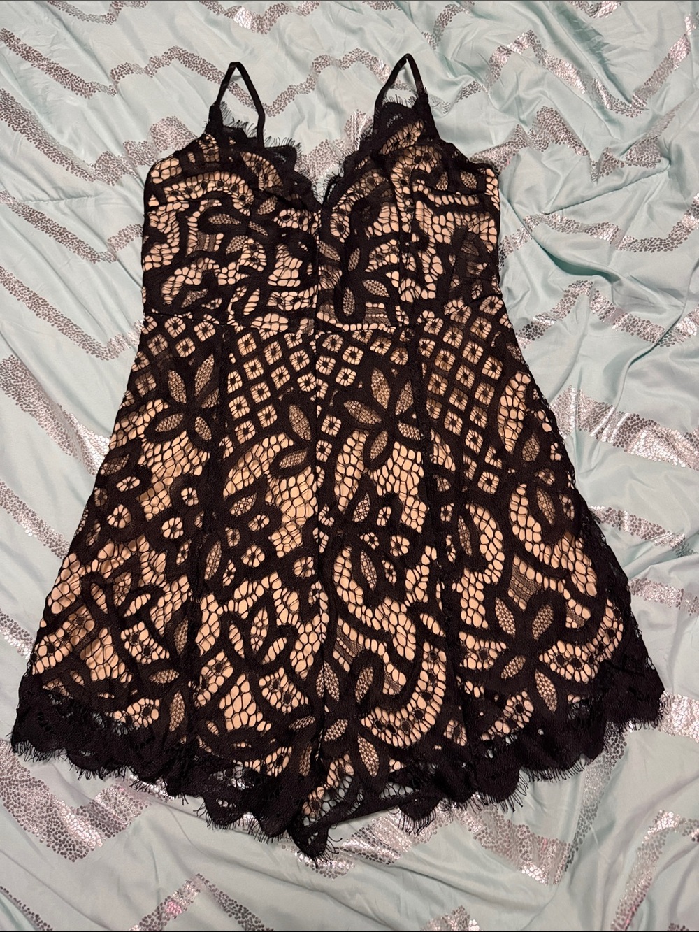 SHEIN Black Lace Overlay Nude-Lined romper.